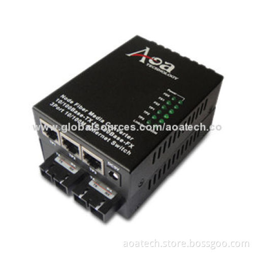 Fiber Media Converter with 3TX + 2FX, 3-port 10/100Mbps RJ45 and 2 Optical Ports